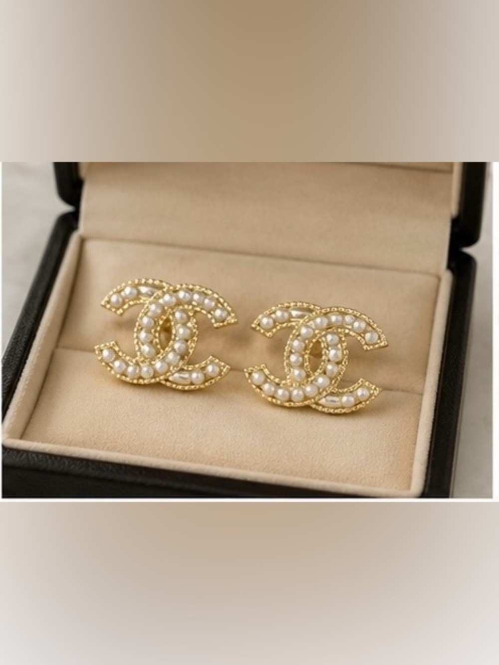 Gold Tone Pearl & Crystal CC Style Stud Earrings - Picture 3 of 8